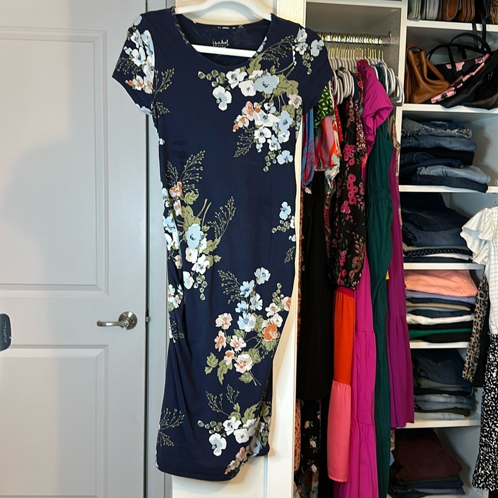 Dark navy blue floral pattern maternity dress